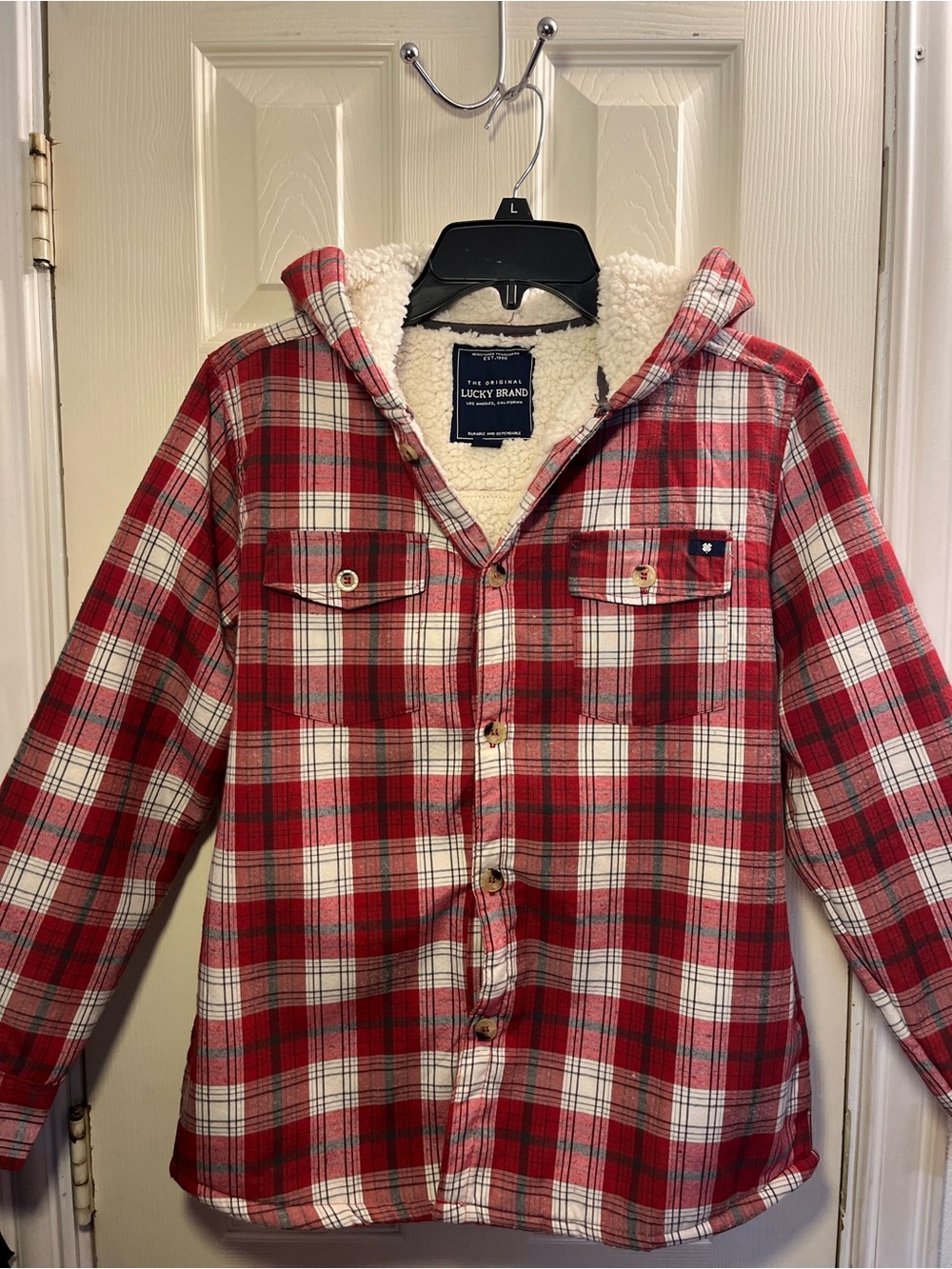 Lucky Brand Red Plaid Sherpa-Lined Hooded Jacket